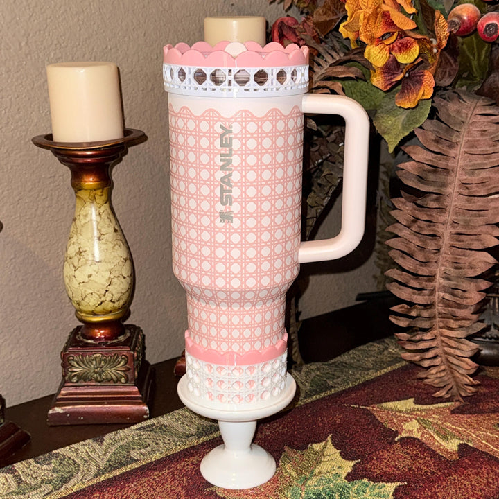 White Rattan Pink Gingham Scalloped Trim Tumbler Accessories, Lid Topper, Boot, halo, For Stanley amd HydroJug Tumblers, Mothers Day Gift