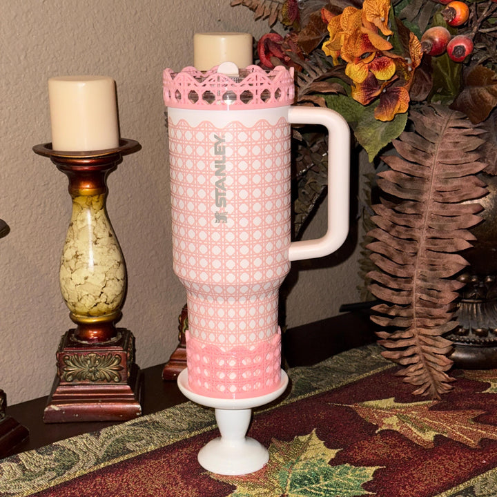 White Rattan Pink Gingham Scalloped Trim Tumbler Accessories, Lid Topper, Boot, halo, For Stanley amd HydroJug Tumblers, Mothers Day Gift