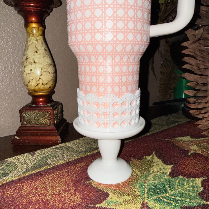 White Rattan Pink Gingham Scalloped Trim Tumbler Accessories, Lid Topper, Boot, halo, For Stanley amd HydroJug Tumblers, Mothers Day Gift