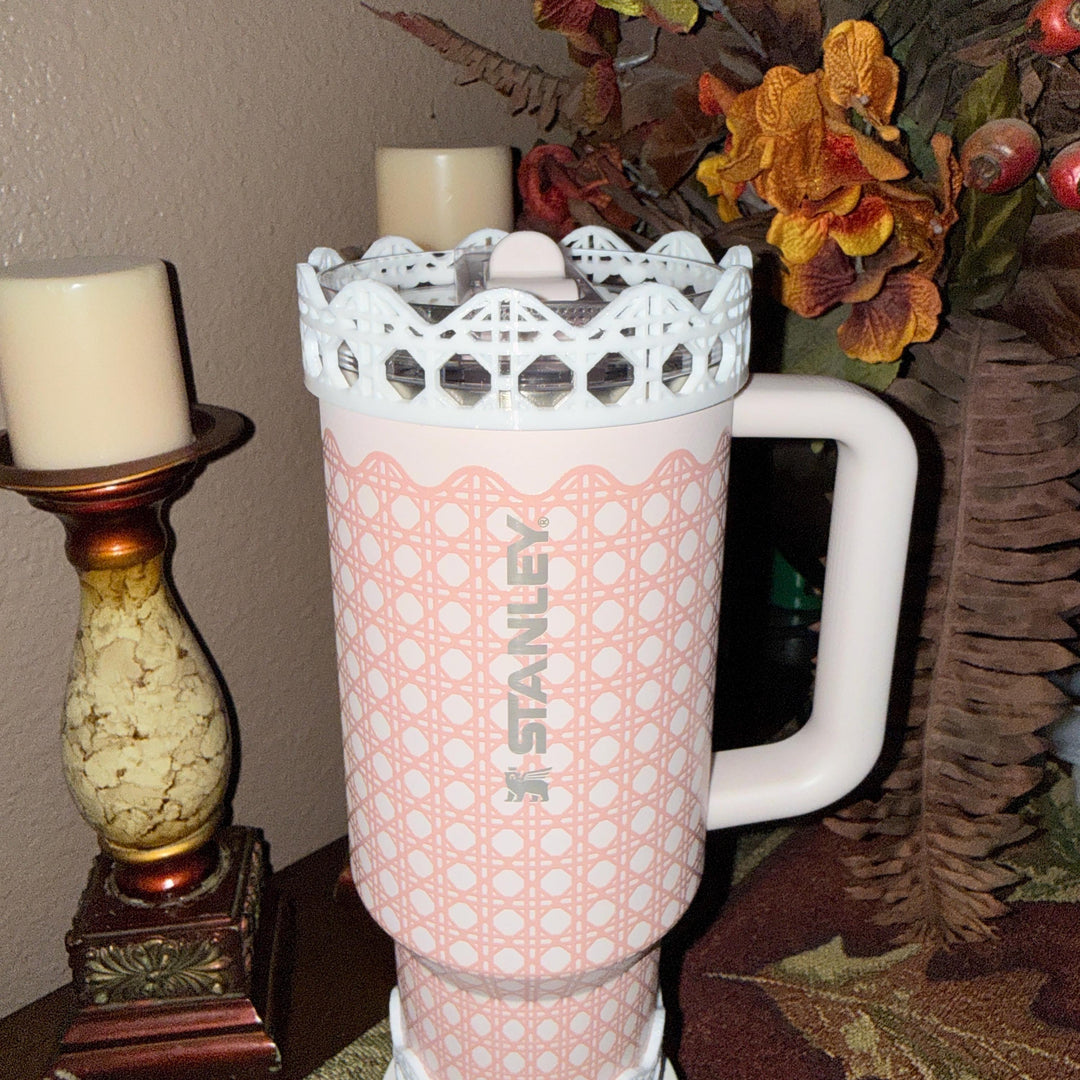 White Rattan Pink Gingham Scalloped Trim Tumbler Accessories, Lid Topper, Boot, halo, For Stanley amd HydroJug Tumblers, Mothers Day Gift