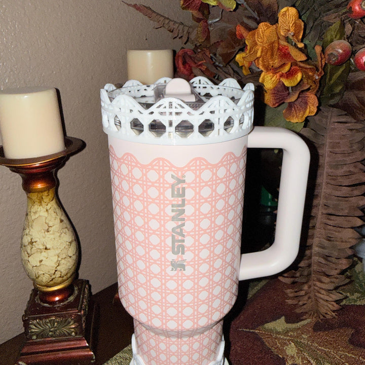 White Rattan Pink Gingham Scalloped Trim Tumbler Accessories, Lid Topper, Boot, halo, For Stanley amd HydroJug Tumblers, Mothers Day Gift