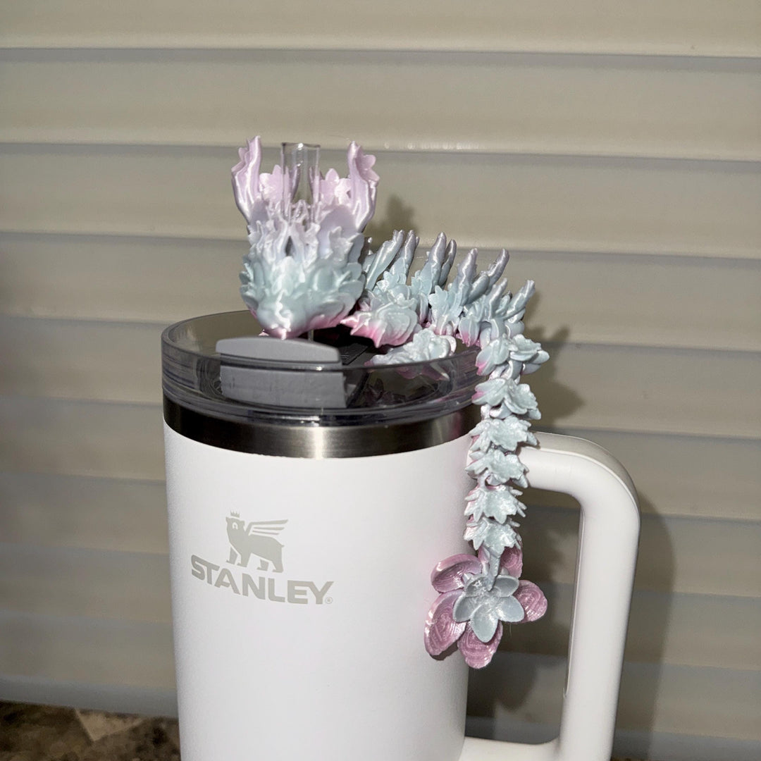 Pastel Pink Blue Silk Cherry Blossom Dragon staw topper, Fits your 8 or 10 mm straws, Spring Dragon Accessory, Unique Gift