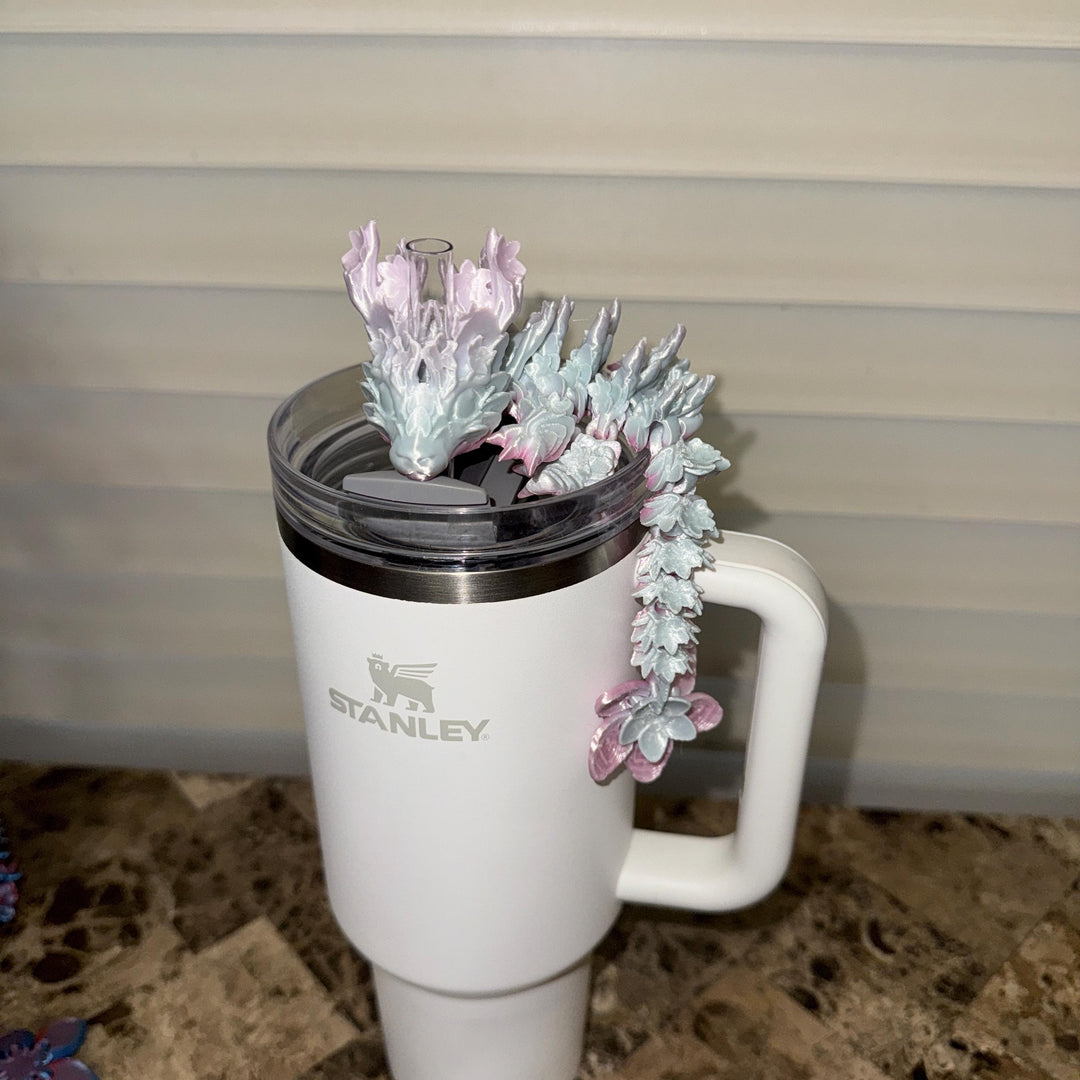 Pastel Pink Blue Silk Cherry Blossom Dragon staw topper, Fits your 8 or 10 mm straws, Spring Dragon Accessory, Unique Gift
