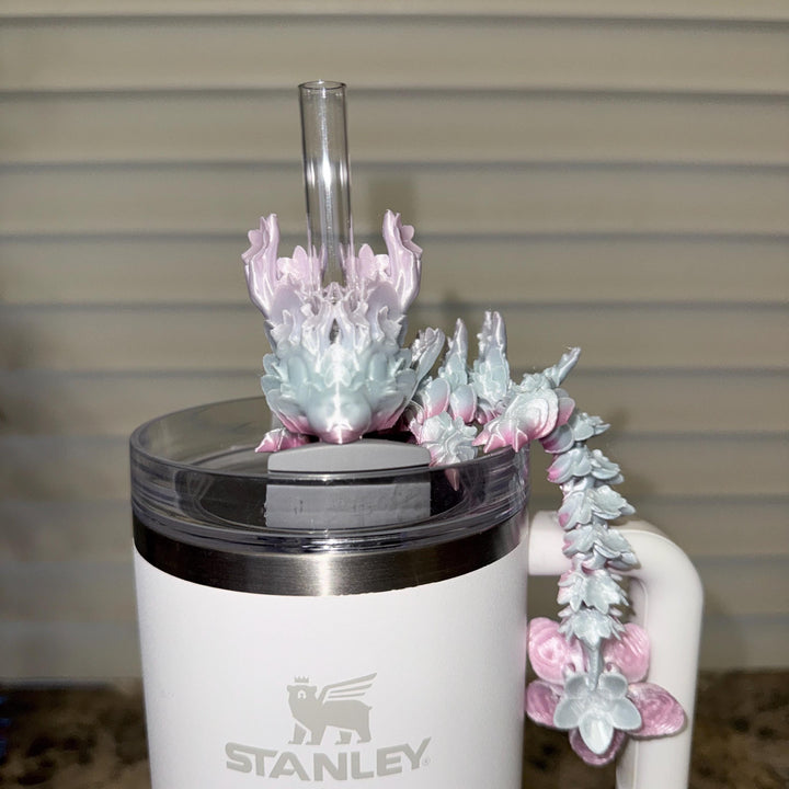 Pastel Pink Blue Silk Cherry Blossom Dragon staw topper, Fits your 8 or 10 mm straws, Spring Dragon Accessory, Unique Gift