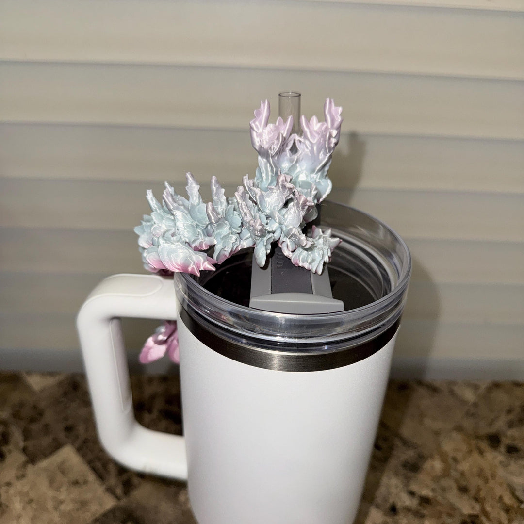 Pastel Pink Blue Silk Cherry Blossom Dragon staw topper, Fits your 8 or 10 mm straws, Spring Dragon Accessory, Unique Gift