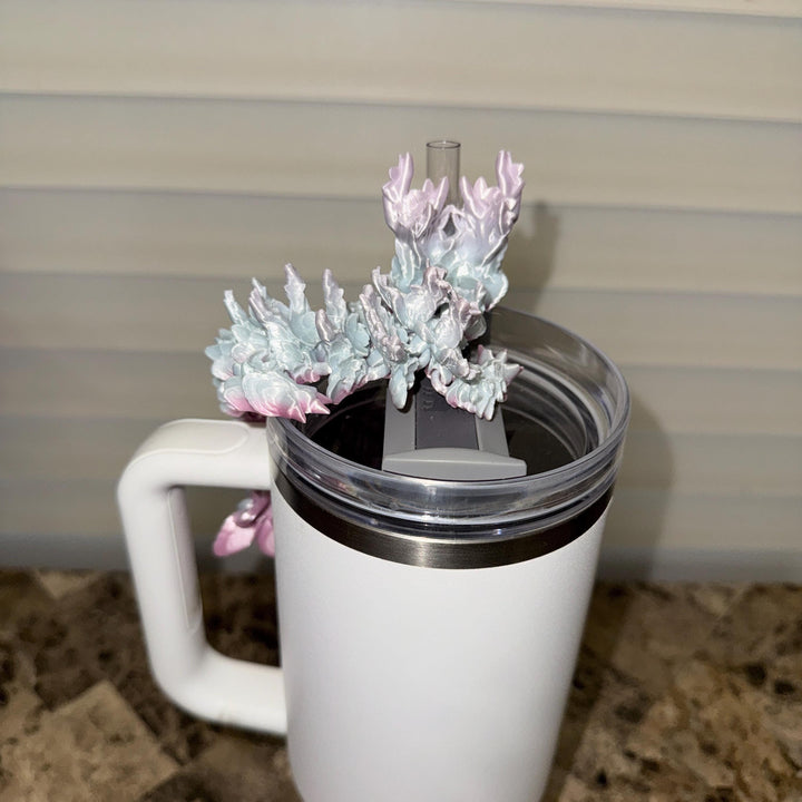 Pastel Pink Blue Silk Cherry Blossom Dragon staw topper, Fits your 8 or 10 mm straws, Spring Dragon Accessory, Unique Gift