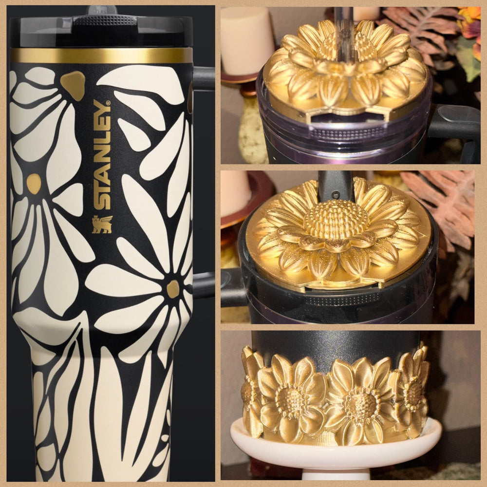 Wild Blooms Tumbler Boot or Pro Tour Lid Topper, Black Gold Flower Cup Sleeve, Stanley Accessories, Unique Gift
