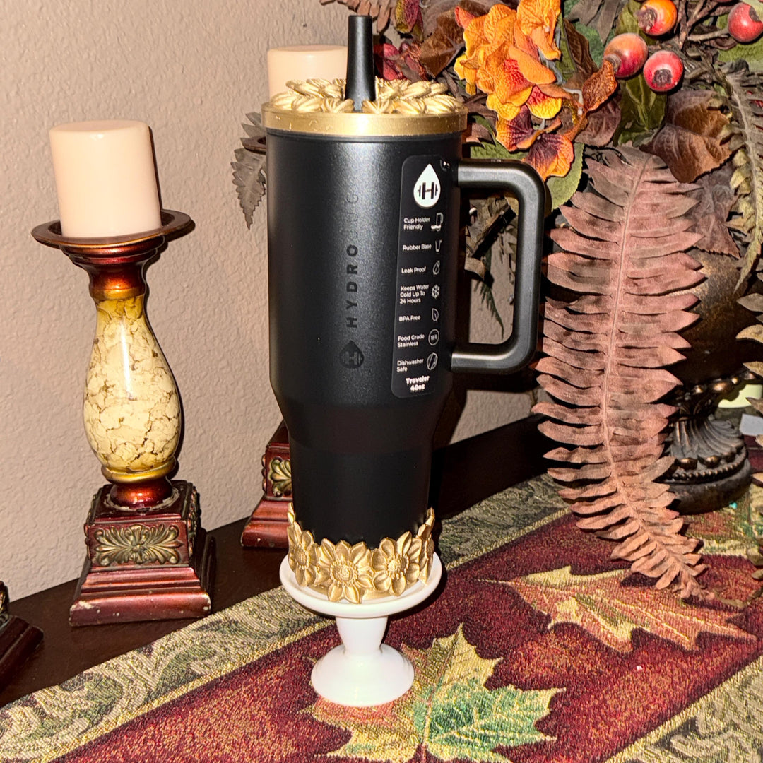 Gold Blooms Tumbler Boot or Lid Topper, Black Gold Flower Cup Sleeve, Hydrojug Accessories, Unique Gift