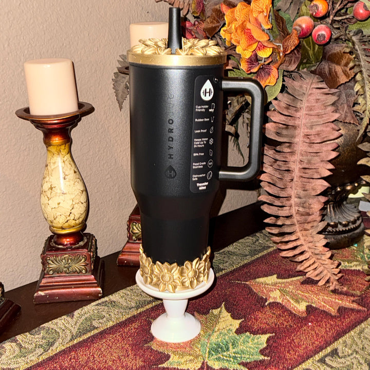 Gold Blooms Tumbler Boot or Lid Topper, Black Gold Flower Cup Sleeve, Hydrojug Accessories, Unique Gift