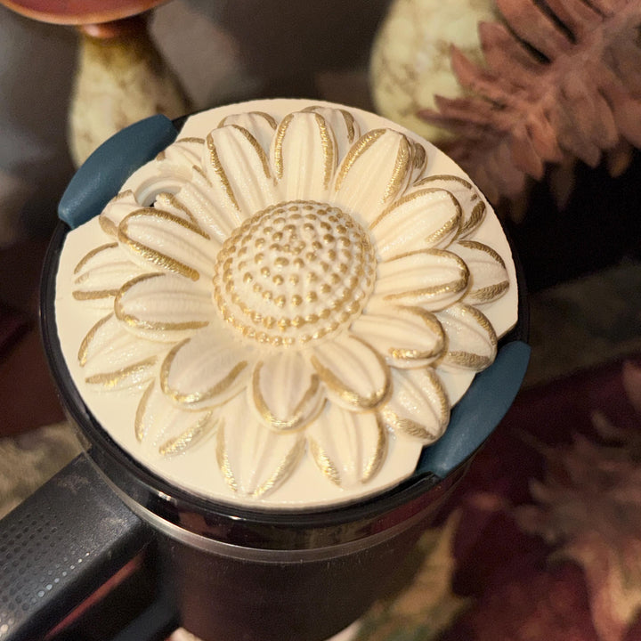 Off White Gold Daisy Tumbler Boot or lid topper, Protective Sleeve, Floral Boot, Fit's 20 30 and 40 oz Stanley, Flowers Tumbler Accessories