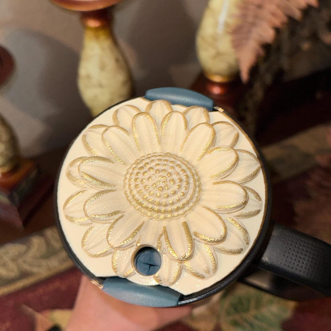 Off White Gold Daisy Tumbler Boot or lid topper, Protective Sleeve, Floral Boot, Fit's 20 30 and 40 oz Stanley, Flowers Tumbler Accessories