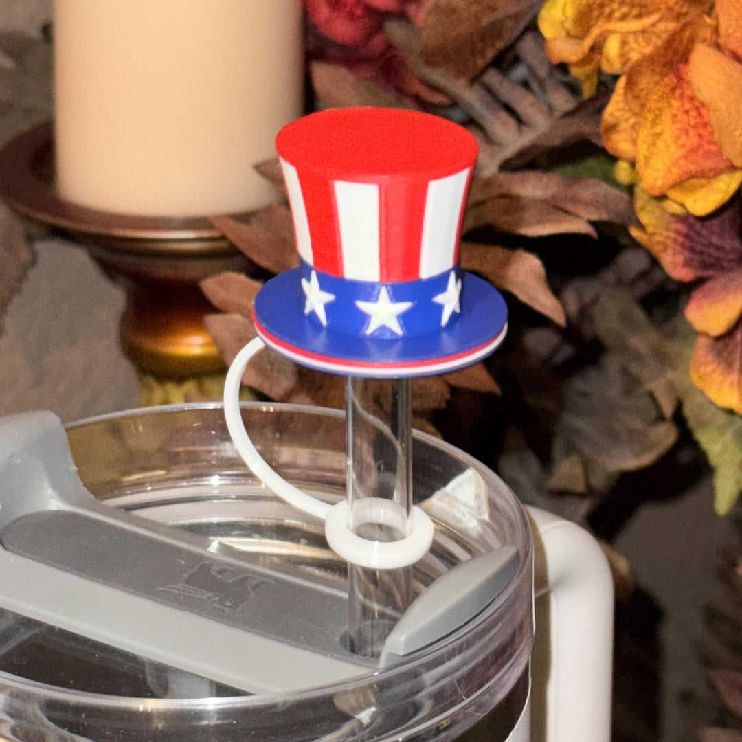 Red White Blue Stars and Stripes Hat Straw Topper Cap, fits straws 10 mm diameter, Patriotic, July 4th, Independence Day, Unique Gift