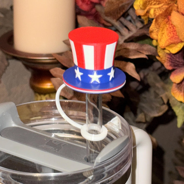 Red White Blue Stars and Stripes Hat Straw Topper Cap, fits straws 10 mm diameter, Patriotic, July 4th, Independence Day, Unique Gift