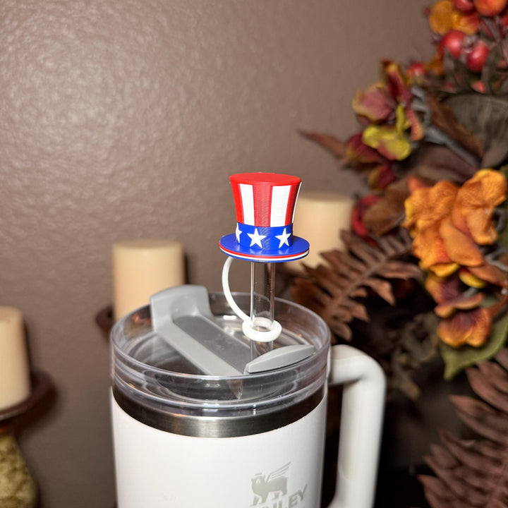 Red White Blue Stars and Stripes Hat Straw Topper Cap, fits straws 10 mm diameter, Patriotic, July 4th, Independence Day, Unique Gift