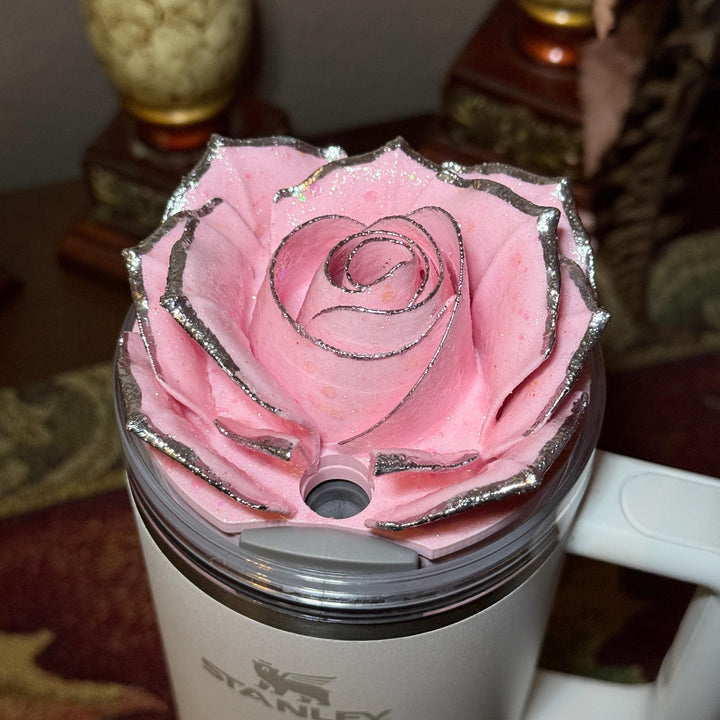 Pink 4 Rose with Pink Glitter and Silver Tips Tumbler Topper or matching boot, fit Stanley tumbler lids