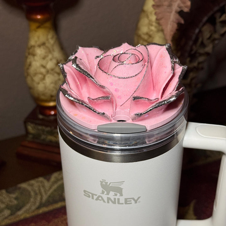 Pink 4 Rose with Pink Glitter and Silver Tips Tumbler Topper or matching boot, fit Stanley tumbler lids
