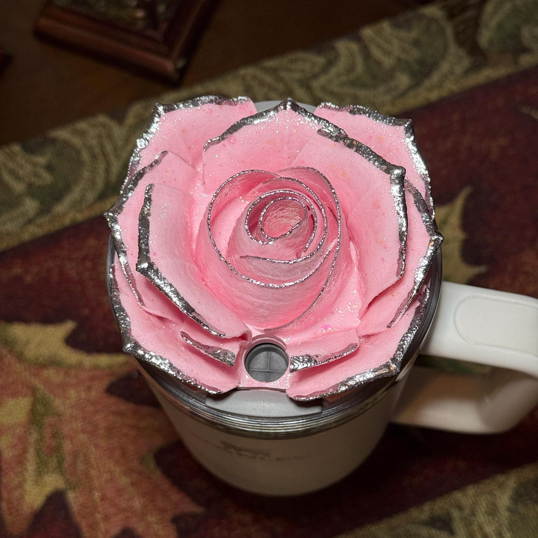 Pink 4 Rose with Pink Glitter and Silver Tips Tumbler Topper or matching boot, fit Stanley tumbler lids