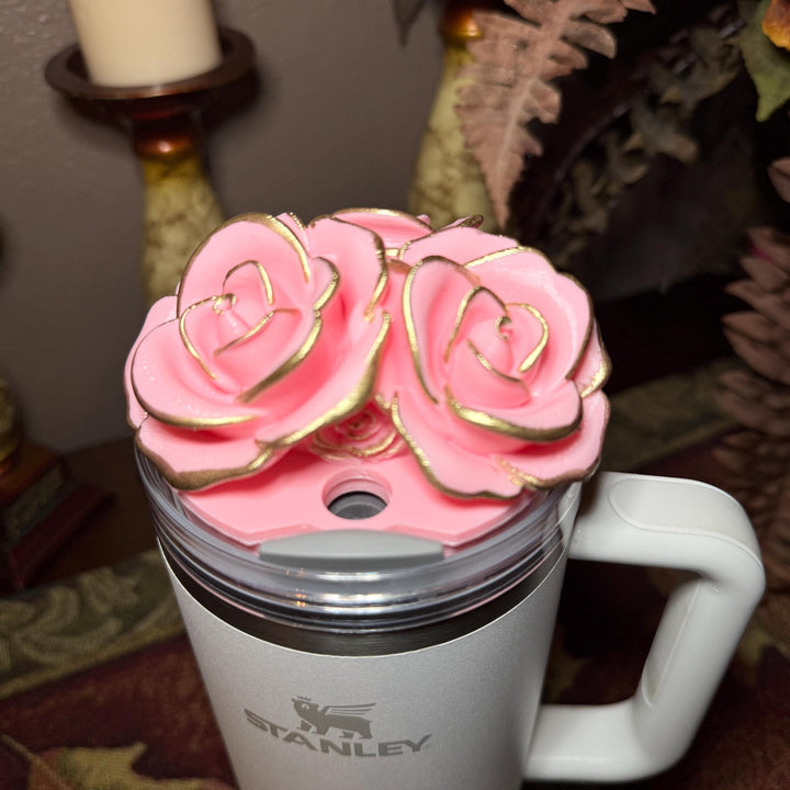 Rose Bouquet Cluster Gold Tips Tumbler Topper that fit Stanley Tumbler Quencher Lids, Rose Accessory, 3D Decorative Lid, BEST SELLER