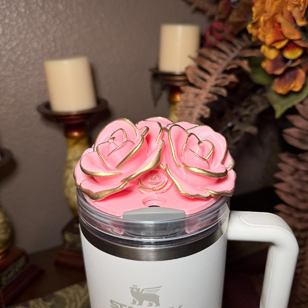 Rose Bouquet Cluster Gold Tips Tumbler Topper that fit Stanley Tumbler Quencher Lids, Rose Accessory, 3D Decorative Lid, BEST SELLER
