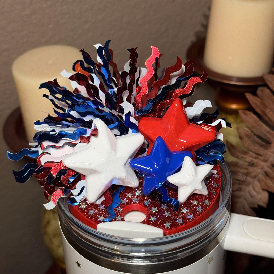 Tinsel Sparkle Stars and Stripes Patriotic Tumbler Topper, Independece Day Topper, 3D Decorative Lid