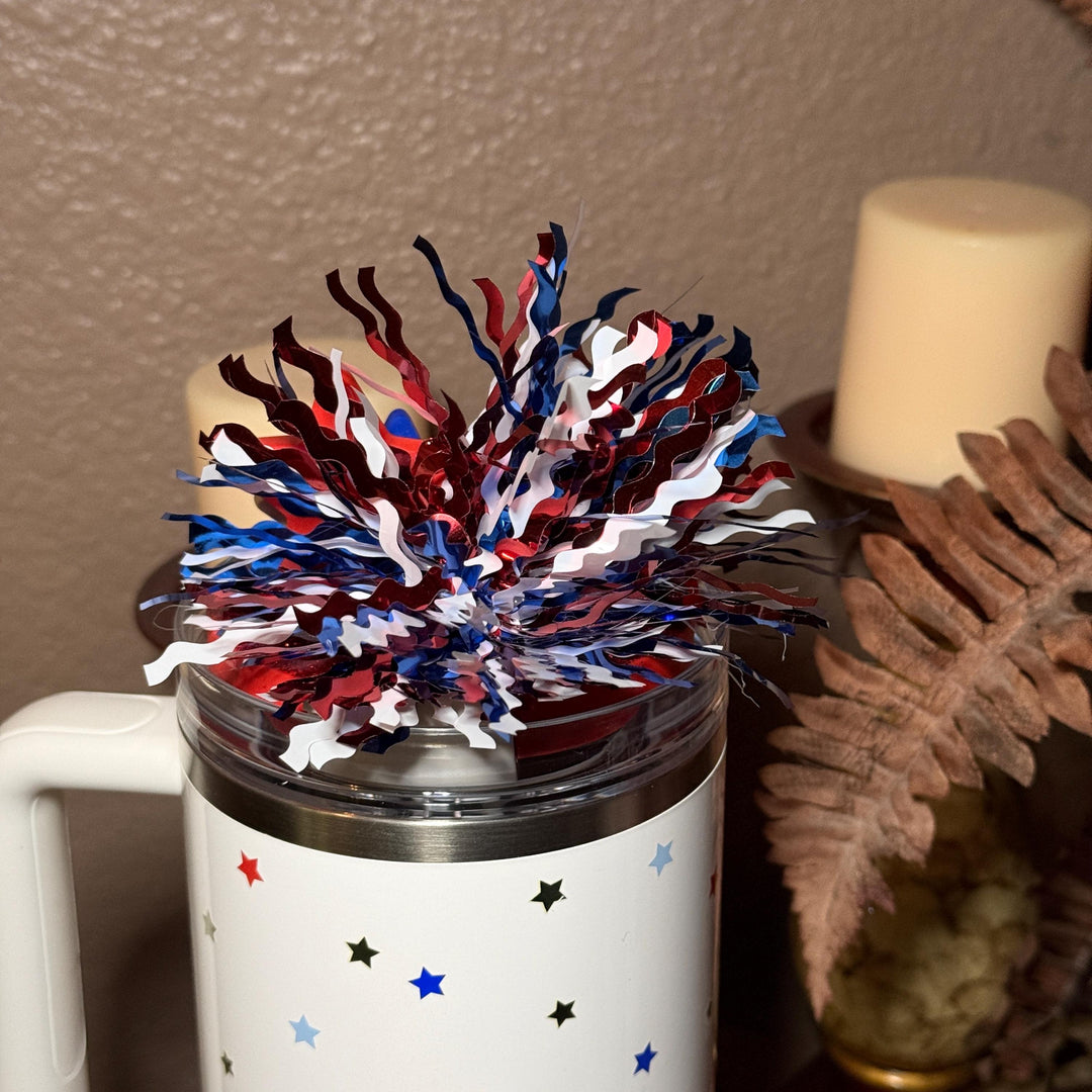 Tinsel Sparkle Stars and Stripes Patriotic Tumbler Topper, Independece Day Topper, 3D Decorative Lid