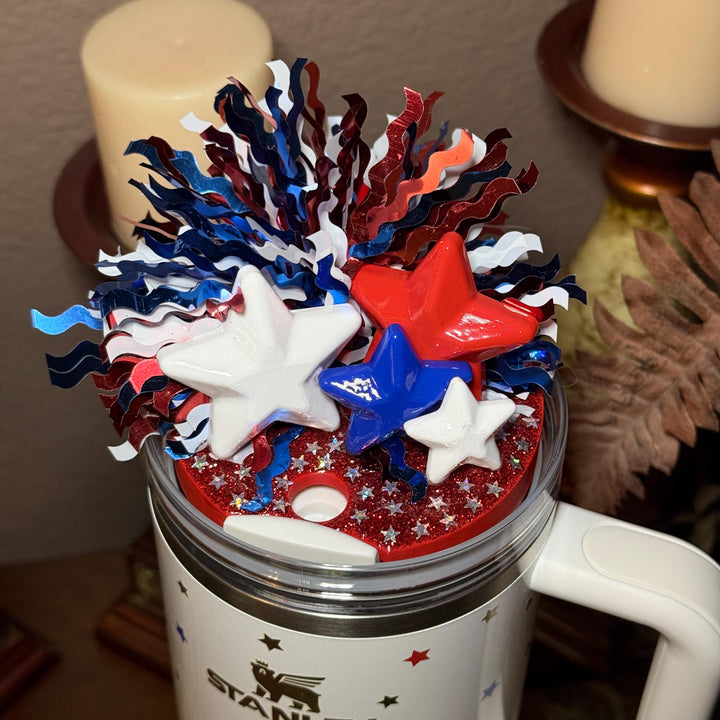 Tinsel Sparkle Stars and Stripes Patriotic Tumbler Topper, Independece Day Topper, 3D Decorative Lid, red chili fireworks cream royal