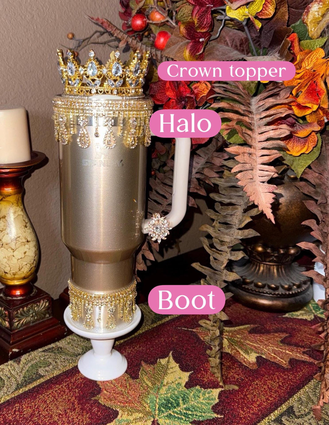 Luxurious Gold Fancy Rhinestone Royal Princess Accessory for Stanley tumbler, Crown Topper, Royal Queen Halo Bling Bangle Band Boot Straw