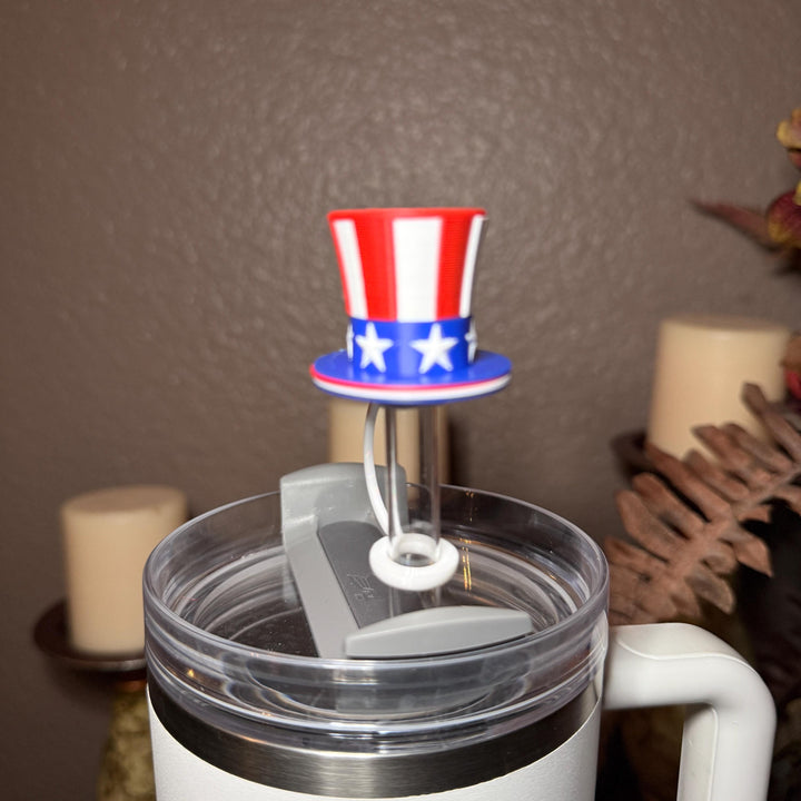 Red White Blue Stars and Stripes Hat Straw Topper Cap, fits straws 10 mm diameter, Patriotic, July 4th, Independence Day, Unique Gift