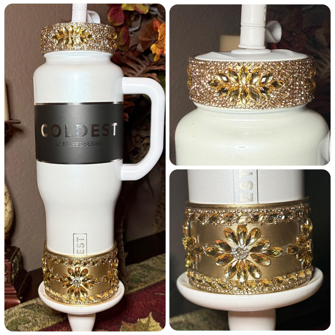 Coldest Gold Flat Fancy Iridescent Rhinestone Tumbler collar halo boot, fits 24 36 and 46 oz Coldest, tumbler accessories, unique gift