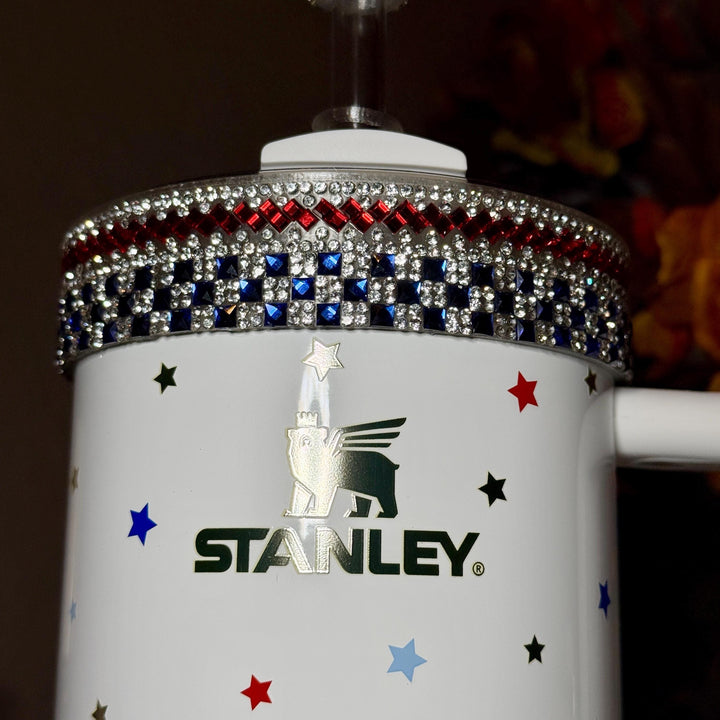 Patriotic Rhinestone Tumbler Boot or Halo, straw topper, Bling Sparkle Cup Sleeve, Stanley Tumbler Accessories, Unique Gift stars stripes