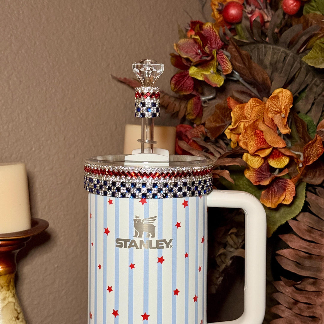 Patriotic Rhinestone Tumbler Boot or Halo, straw topper, Bling Sparkle Cup Sleeve, Stanley Tumbler Accessories, Unique Gift stars stripes