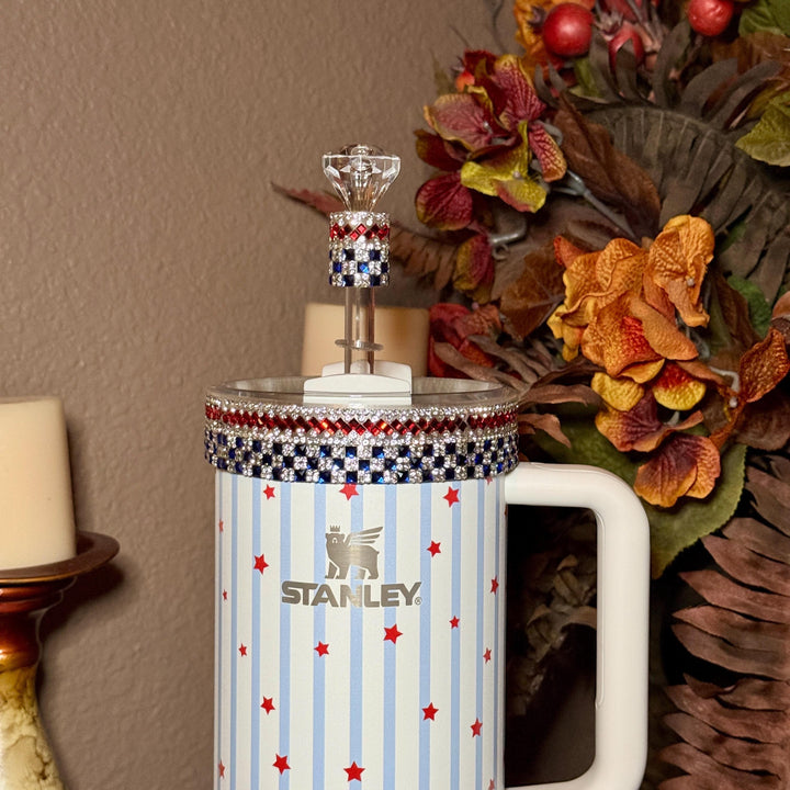 Patriotic Rhinestone Tumbler Boot or Halo, straw topper, Bling Sparkle Cup Sleeve, Stanley Tumbler Accessories, Unique Gift stars stripes