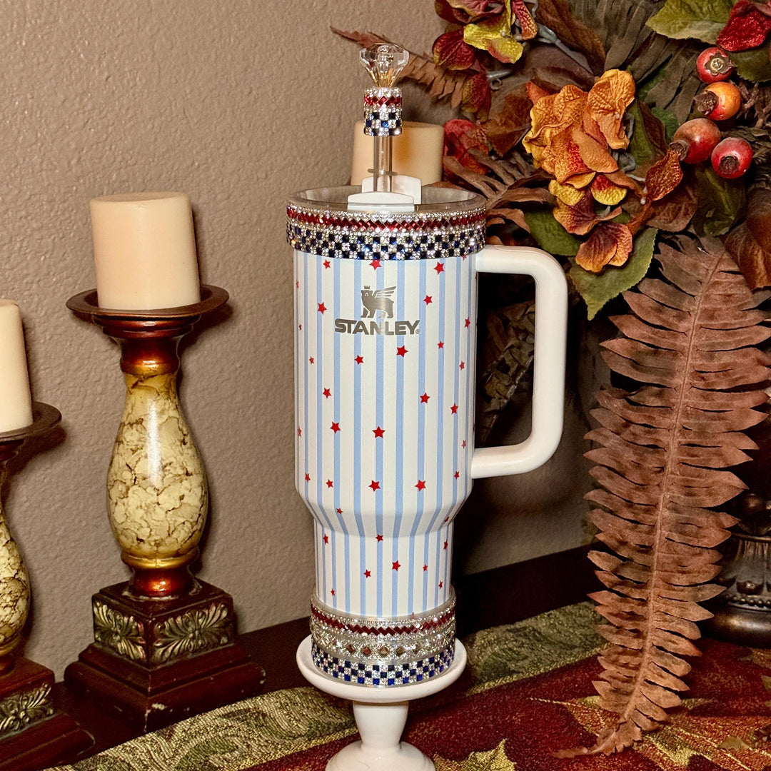 Patriotic Rhinestone Tumbler Boot or Halo, straw topper, Bling Sparkle Cup Sleeve, Stanley Tumbler Accessories, Unique Gift stars stripes