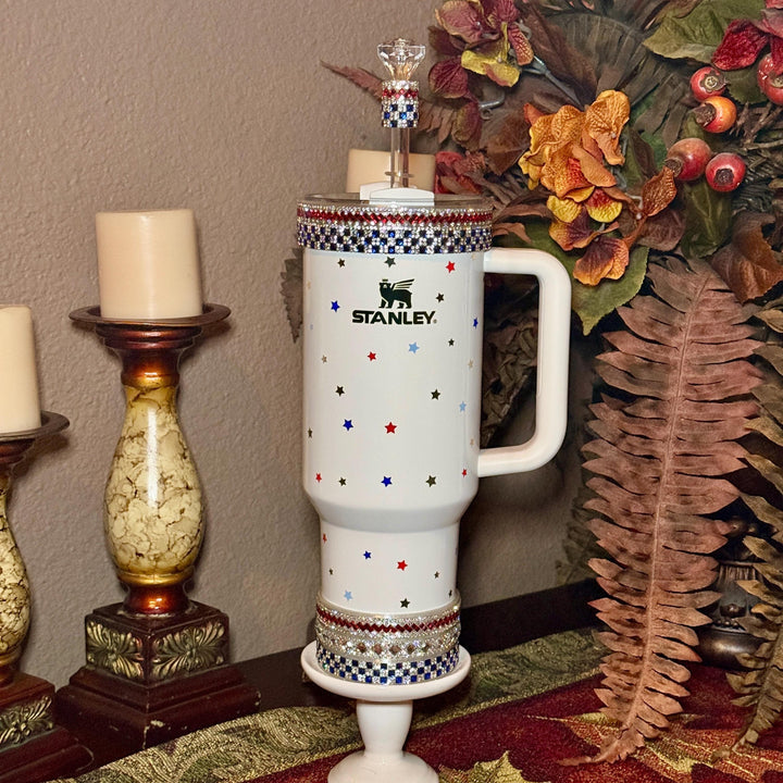 Patriotic Rhinestone Tumbler Boot or Halo, straw topper, Bling Sparkle Cup Sleeve, Stanley Tumbler Accessories, Unique Gift stars stripes