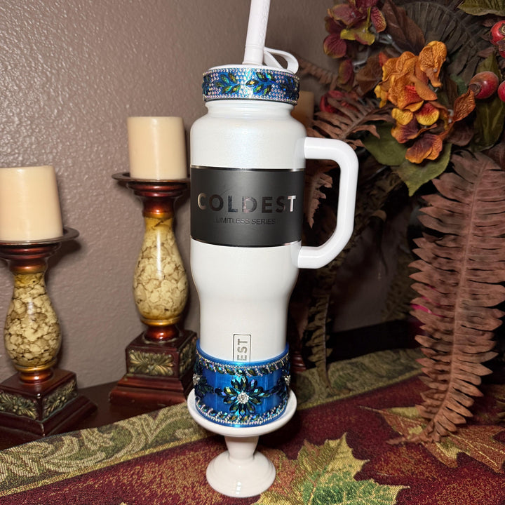 Coldest Blue Flower Flat Fancy Iridescent Rhinestone Tumbler accessories, collar halo boot, fits 24 36 46 oz Coldest tumbler, unique gift