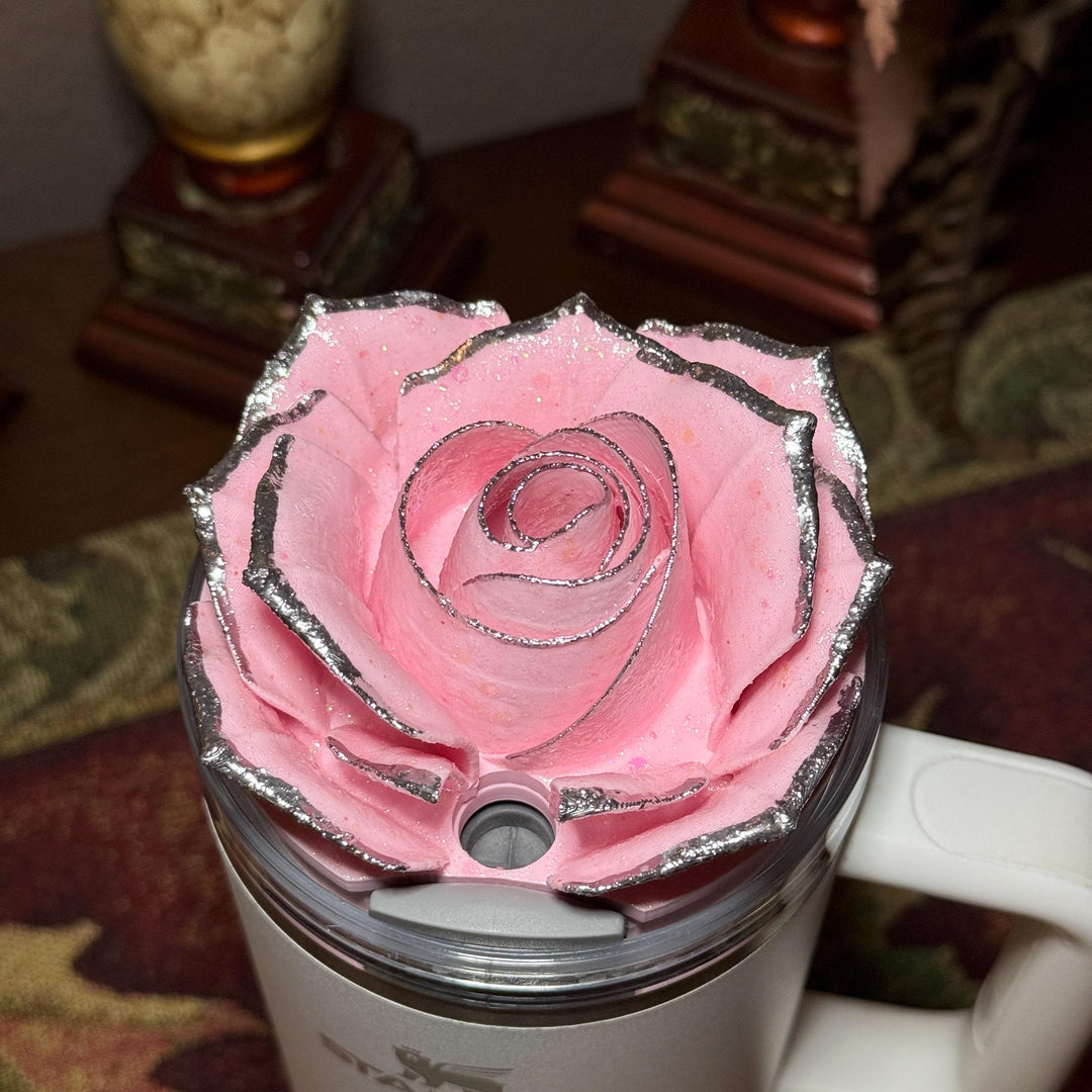 Pink 4 Rose with Pink Glitter and Silver Tips Tumbler Topper or matching boot, fit Stanley tumbler lids