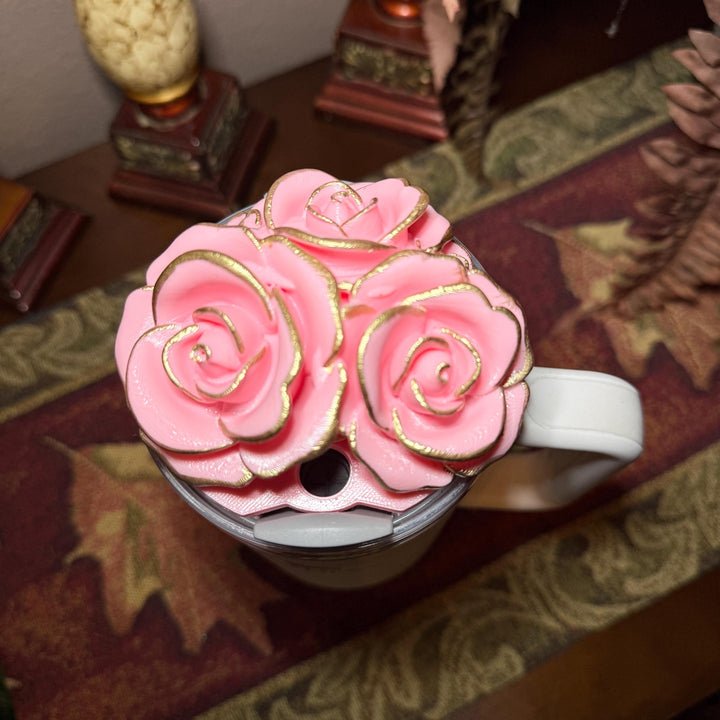 Rose Bouquet Cluster Gold Tips Tumbler Topper that fit Stanley Tumbler Quencher Lids, Rose Accessory, 3D Decorative Lid, BEST SELLER