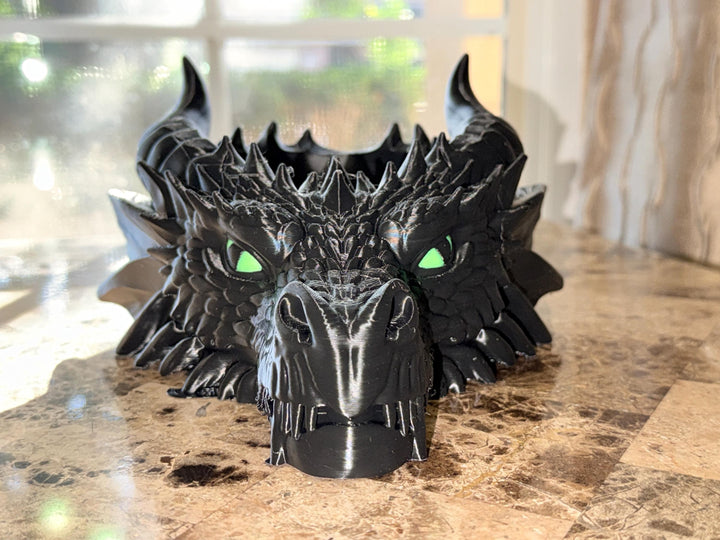 Dragon Head Bowl 3D Printed Green Eye, Gothic Fantasy Dish, Tabletop Gaming Storage, Decor Bowl, Dice Tray Alternative, Mythical Home Accent
