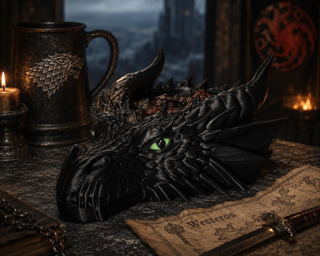 Dragon Head Bowl 3D Printed Green Eye, Gothic Fantasy Dish, Tabletop Gaming Storage, Decor Bowl, Dice Tray Alternative, Mythical Home Accent