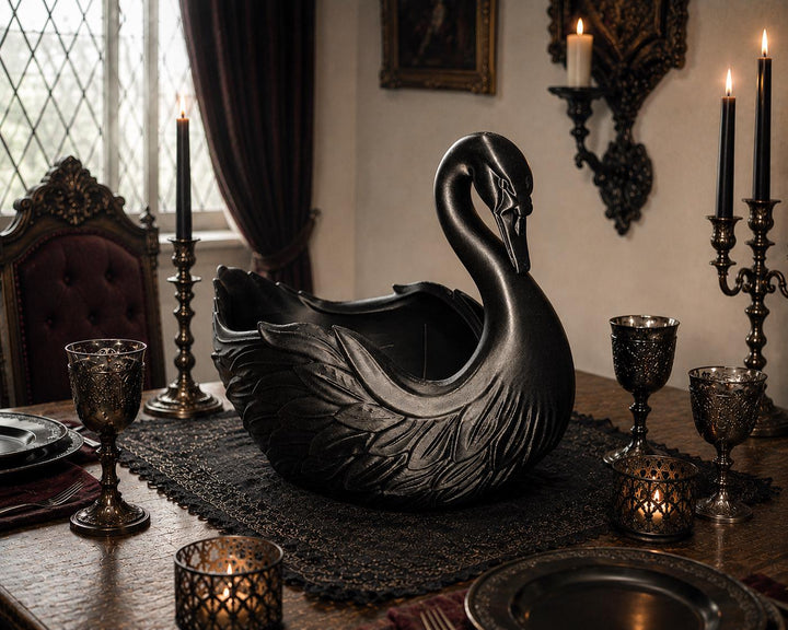 Elegant, mysterious, and functional — this Black Swan centerpiece adds a touch of gothic sophistication to any space.