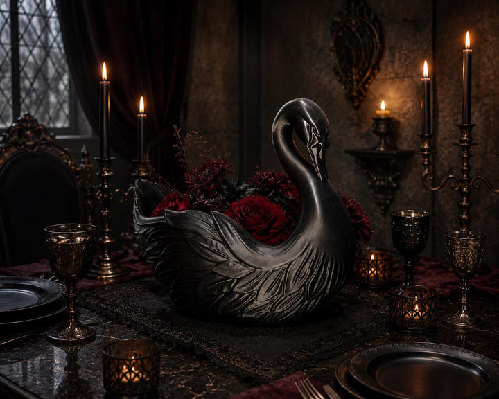 Elegant, mysterious, and functional — this Black Swan centerpiece adds a touch of gothic sophistication to any space.