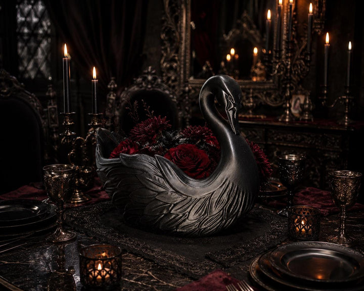 Elegant, mysterious, and functional — this Black Swan centerpiece adds a touch of gothic sophistication to any space.