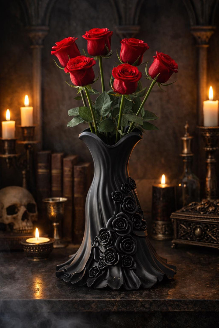 Black Floral Dress Vase, Elegant 3D Printed, Gothic Home Decor, Victorian Planter, Dark Academia Shelf, Halloween Creepy Dark Aesthetic