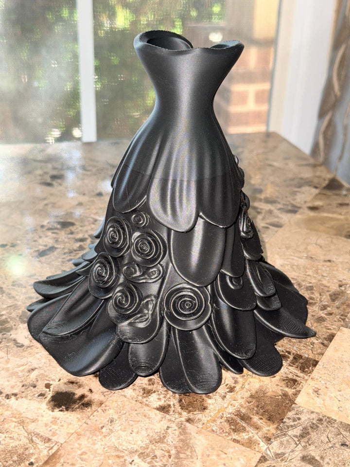 Black Floral Dress Vase, Elegant 3D Printed, Gothic Home Decor, Victorian Planter, Dark Academia Shelf, Halloween Creepy Dark Aesthetic