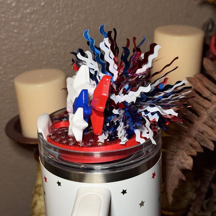 Tinsel Sparkle Stars and Stripes Patriotic Tumbler Topper, Independece Day Topper, 3D Decorative Lid