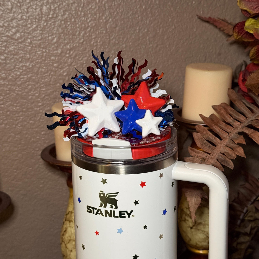 Tinsel Sparkle Stars and Stripes Patriotic Tumbler Topper, Independece Day Topper, 3D Decorative Lid