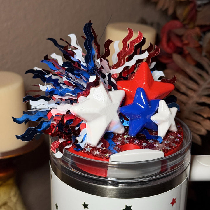 Tinsel Sparkle Stars and Stripes Patriotic Tumbler Topper, Independece Day Topper, 3D Decorative Lid, red chili fireworks cream royal