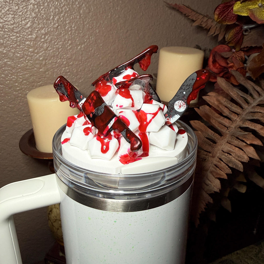 Bloody knives acrylic tumbler topper, for Stanley tumblers, 3D Decorative Lid crime scene, blood drips blood splatter, Halloween gift