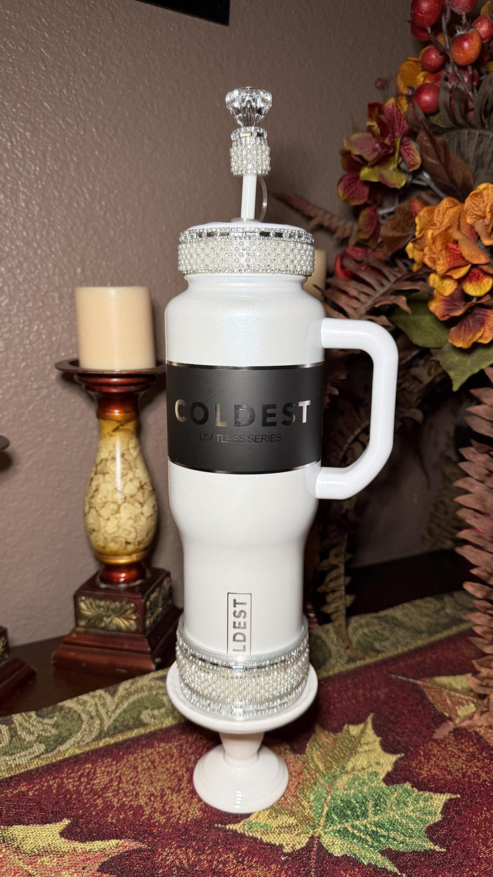 Coldest Fancy Pearl and Rhinestone Tumbler Boot, Straw Lid Collar and Straw Cap Accessory Collection, fits 36 and 46 oz, unique gift