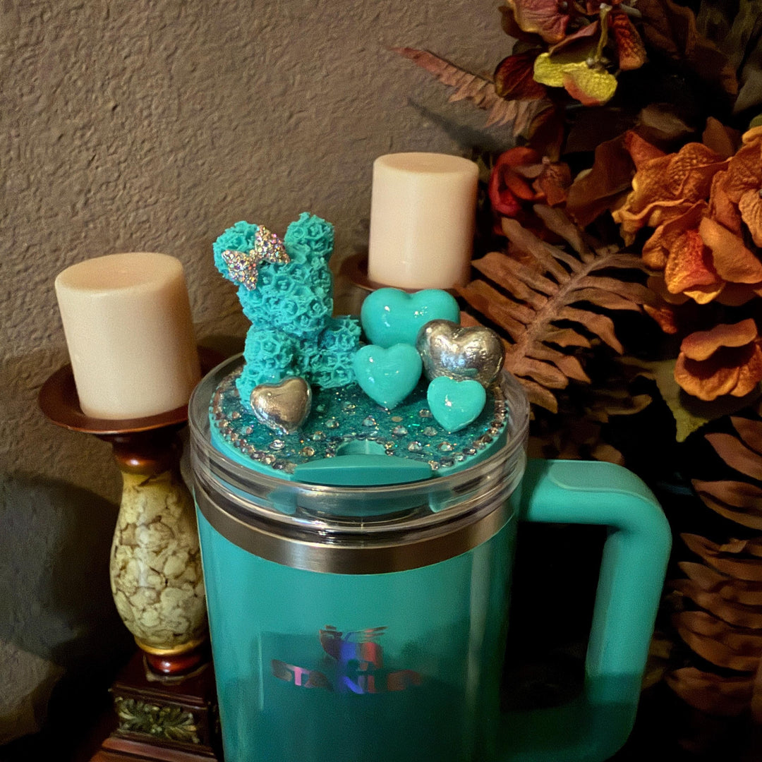 Fancy Rose Bear and Hearts Rhinestone Tumbler Topper fits Stanley Lids, custom color options